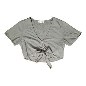 LA Hearts Green Linen Blend Button Front Tie Crop Top Size Small Cottagecore